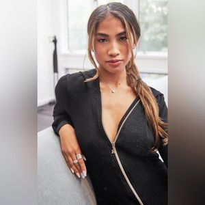 Savage x Fenty lingerie by Rihanna black metallic hooded jumpsuit.